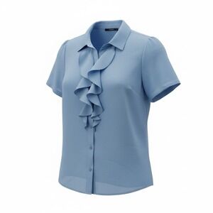 Aconiya Women's Light Blue Ruffle Front Button Down Career Blouse Shirt Sz M NWT
